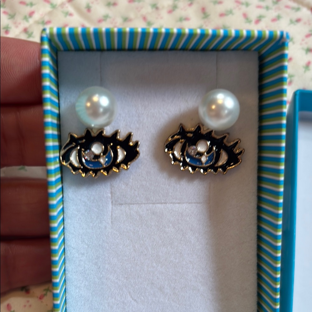 Evil Eye Design Faux Pearl Earrings With Gift Box
